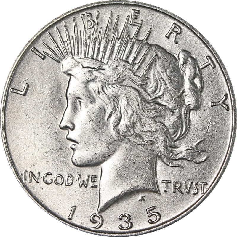 1935 S United States Silver Peace Dollar: 1935 S United States Silver Peace Dollar This 1935-S Peace Dollar is a circulated silver coin from the United States. It features a composition of 90% silver and is from the San Francisco mint. The co