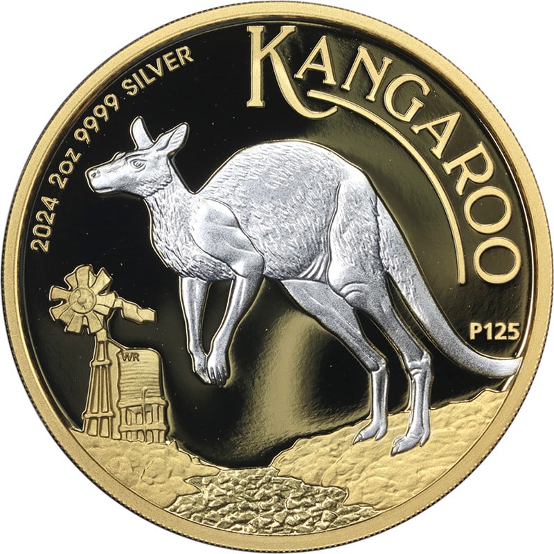 2024 Australia 2 Ounce Silver $2 Kangaroo Reverse Gilded Coin OGP COA: 2024 Australia 2 Ounce Silver $2 Kangaroo Reverse Gilded Coin OGP COA This 2024 Australia 2 Ounce Silver $2 Kangaroo coin features a stunning reverse gilded design, showcasing superb eye appeal with f