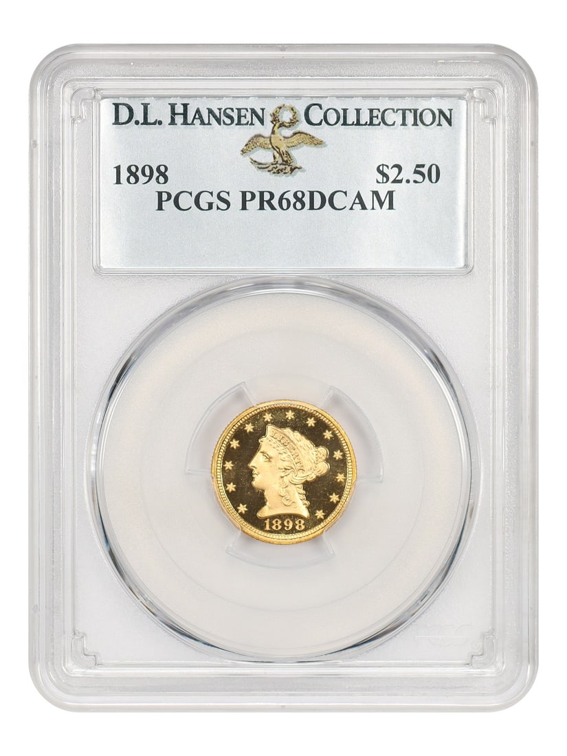 1898 Liberty Head Quarter Eagle $2.50 PCGS PR68DCAM Proof: 1898 Liberty Head Quarter Eagle $2.50 PCGS PR68DCAM Proof An 1898 Liberty Head $2.50 proof quarter eagle certified by PCGS as PR68DCAM. Minted in Philadelphia, this uncirculated example is an outstand