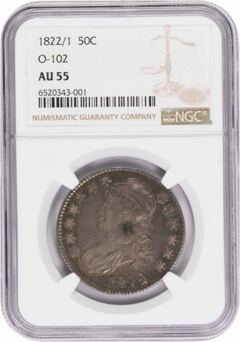 NGC AU55 1822 Bust Half Dollar O-102: NGC AU55 1822 Bust Half Dollar O-102 This 1822/1 Bust Silver Half Dollar is graded AU55 by NGC. Minted in Philadelphia, it features a composition of 89.2% silver and 10.8% copper. Designed by John Rei