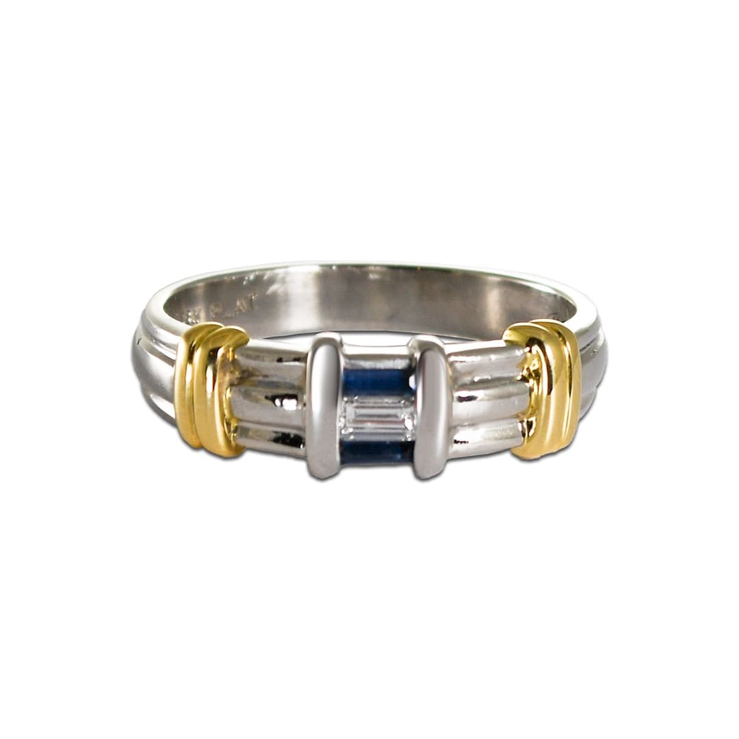 Two Tone Sapphire Diamond Band Ring Platinum 18K Yellow Gold 9.5: Two Tone Sapphire Diamond Band Ring Platinum 18K Yellow Gold 9.5 This men's band features a sophisticated two-tone design crafted from platinum and 18K yellow gold. The ring showcases a baguette cut d
