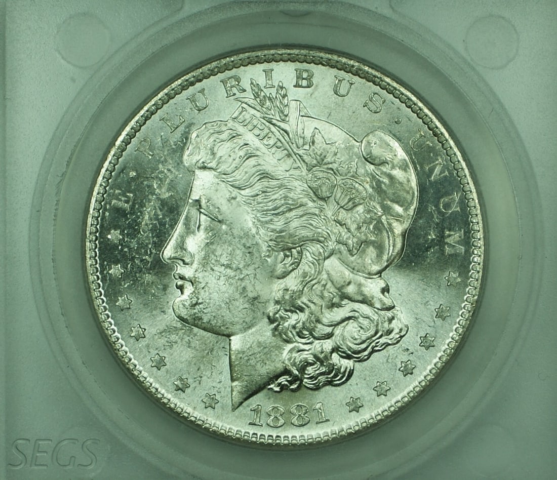 1881-S Toned Morgan Dollar Uncirculated in Hard Plastic Display Case: 1881-S Toned Morgan Dollar Uncirculated in Hard Plastic Display Case This is an uncirculated 1881-S Morgan Silver Dollar from the United States, featuring attractive toning. The coin is housed in a ha