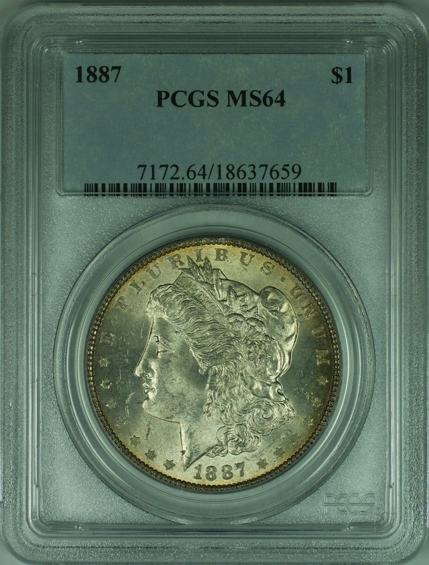 PCGS MS64 1887 Morgan Dollar Silver Coin with Toned Reverse: PCGS MS64 1887 Morgan Dollar Silver Coin with Toned Reverse This is an 1887 Morgan Silver Dollar coin graded MS64 by PCGS. The coin features a toned reverse and was minted in Philadelphia. It is compo