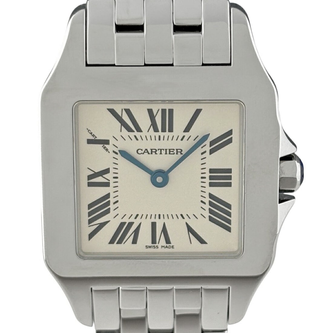 Cartier Santos Demoiselle LM Stainless Steel Quartz Wristwatch: Cartier Santos Demoiselle LM Stainless Steel Quartz Wristwatch This is a pre-owned Cartier Santos Demoiselle LM W25065Z5 wristwatch for men, crafted from stainless steel and powered by a quartz moveme