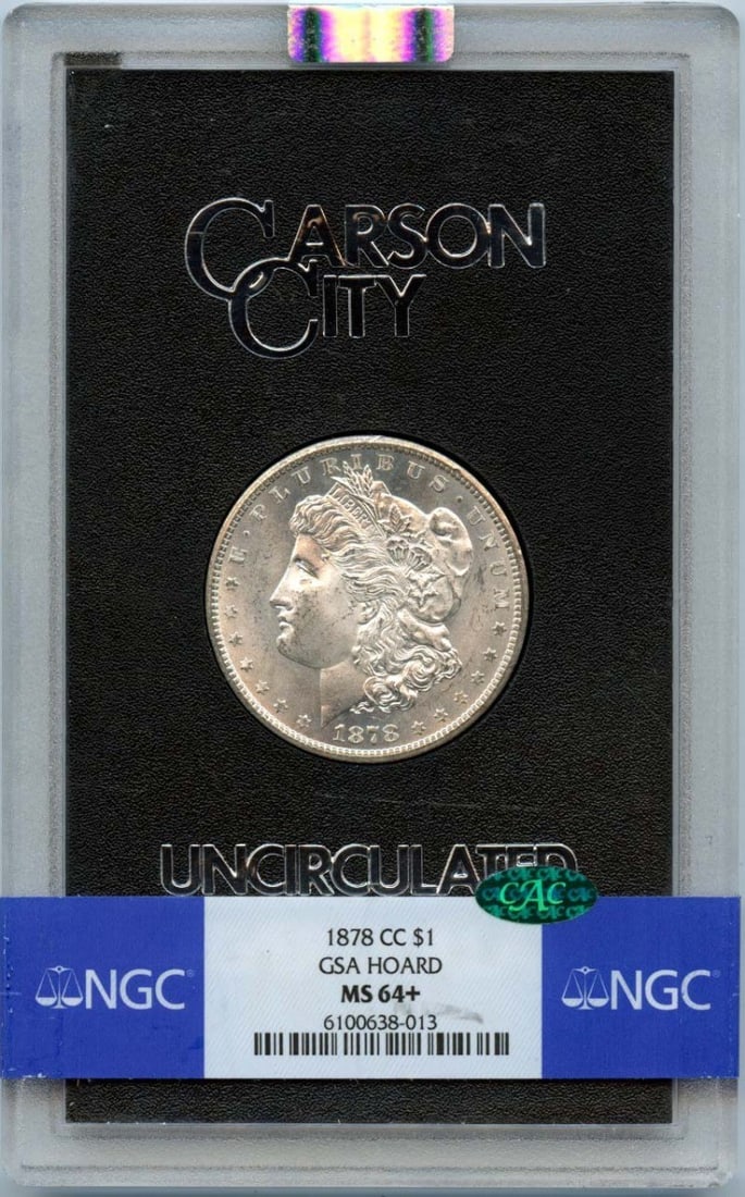 NGC MS64 Plus CAC 1878 Carson City Morgan Dollar GSA Hoard S$1: NGC MS64 Plus CAC 1878 Carson City Morgan Dollar GSA Hoard S$1 This is an 1878-CC Morgan Dollar from the GSA Hoard, certified by NGC with a grade of MS64+ and CAC approval. Minted in Carson City, this