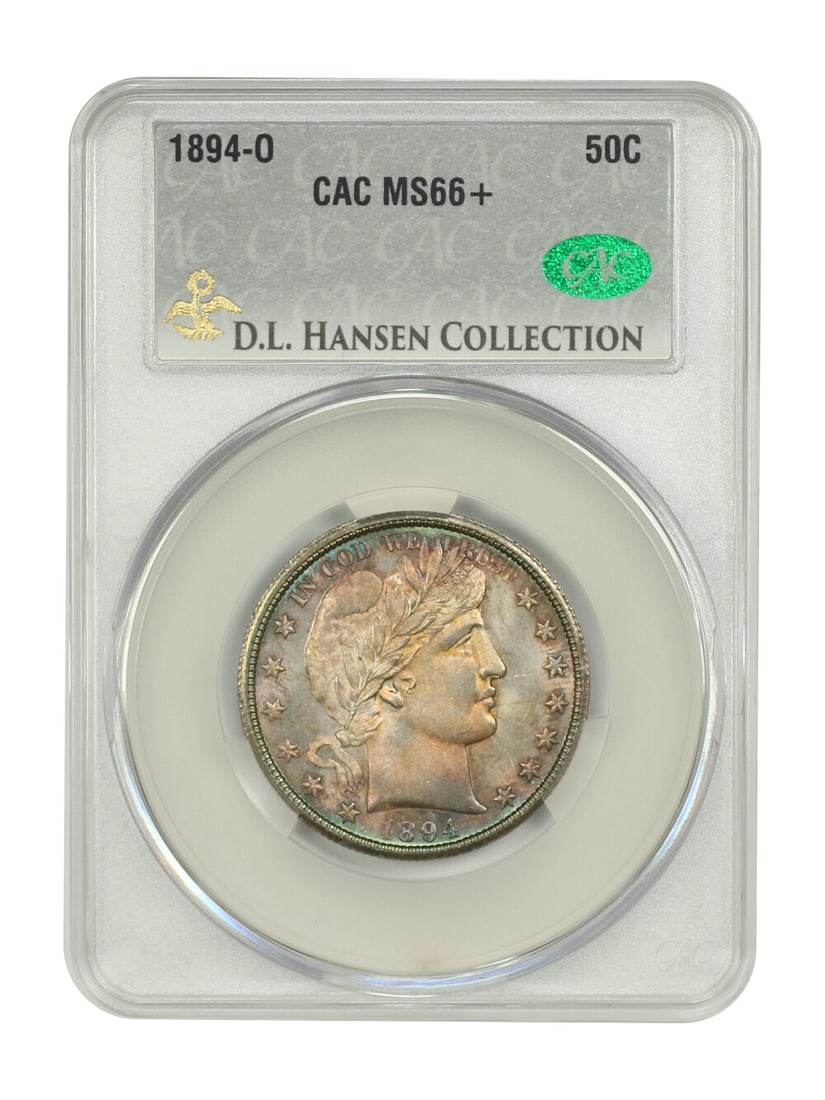 Barber Half Dollar 1894 O 50C CACG MS66+: Barber Half Dollar 1894 O 50C CACG MS66+ 1894-O Barber Half Dollar graded MS66+ and certified by CACG. This uncirculated 50C coin from the New Orleans Mint is described as a high-end gem with outstand