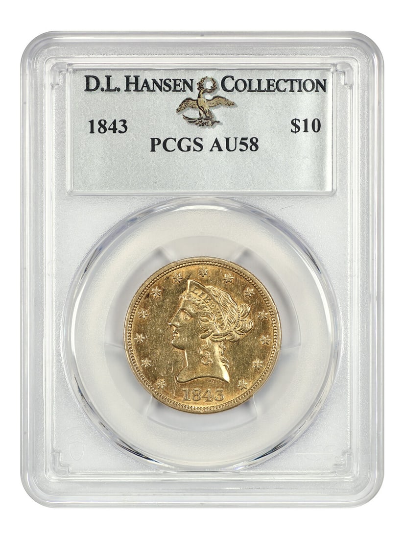 1843 $10 Liberty Head Gold Coin PCGS AU58 Rare Mint Condition: 1843 $10 Liberty Head Gold Coin PCGS AU58 Rare Mint Condition This 1843 Liberty Head $10 gold coin is graded AU58 by PCGS, making it a valuable addition for collectors. With a total mintage of 75,462,