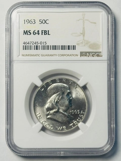 NGC MS-64 1963 Franklin Silver Half Dollar FBL: NGC MS-64 1963 Franklin Silver Half Dollar FBL This 1963 Franklin Half Dollar is graded MS-64 FBL by NGC, indicating a high-quality, uncirculated coin with full bell lines. It is composed of silver an
