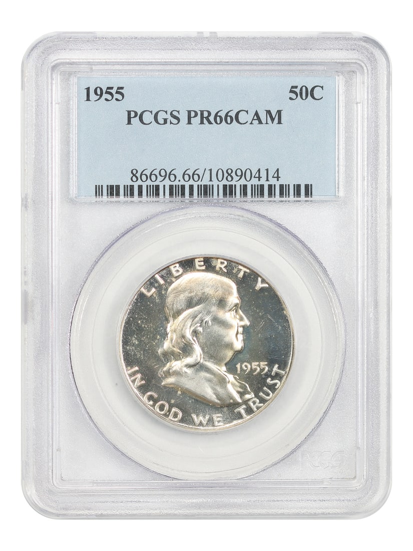 PCGS PR66CAM 1955 Franklin Half Dollar 50C: PCGS PR66CAM 1955 Franklin Half Dollar 50C 1955 Franklin Half Dollar 50C graded PR66CAM by PCGS. This uncirculated Philadelphia issue is certified by PCGS with certification number 10890414. It is des