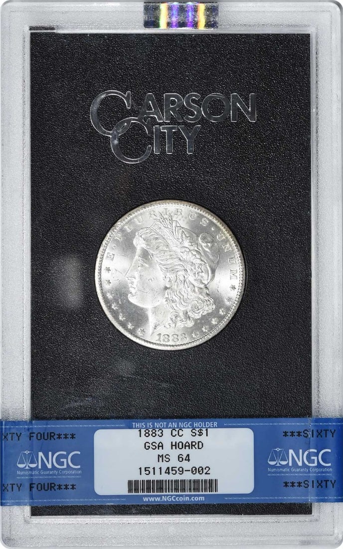 NGC MS64 1883 Carson City Morgan Dollar in GSA Holder: NGC MS64 1883 Carson City Morgan Dollar in GSA Holder This is an 1883-CC Morgan Silver Dollar graded MS64 by NGC and presented in a GSA holder. The coin is composed of 90% silver and 10% copper, minte