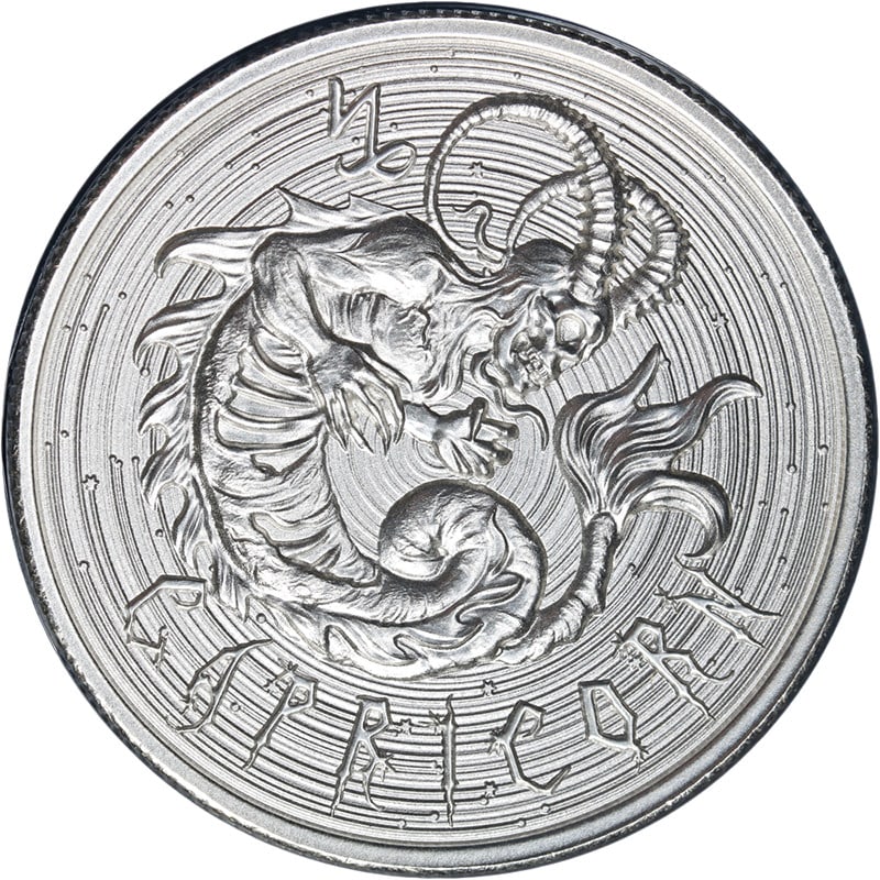 2 Ounce Intaglio Mint Silver Zombie Zodiac Capricorn High Relief: 2 Ounce Intaglio Mint Silver Zombie Zodiac Capricorn High Relief This Intaglio Mint 2 Ounce Silver Zombie Zodiac - Capricorn coin features a high relief design and is crafted from 99.9% fine silver. P