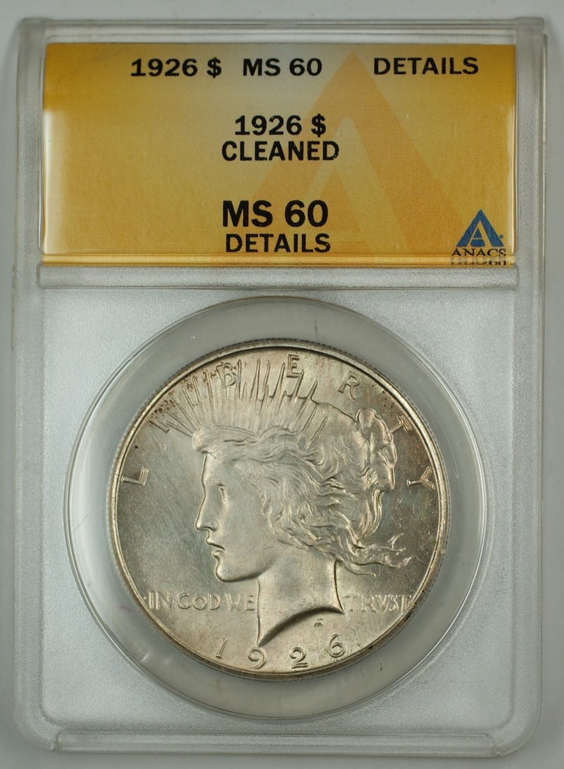 ANACS MS 60 Details 1926 Peace Dollar Silver Coin: ANACS MS 60 Details 1926 Peace Dollar Silver Coin This is a 1926 Peace Silver Dollar coin graded MS-60 Details by ANACS. The coin is composed of silver and was minted in Philadelphia. It has been clea