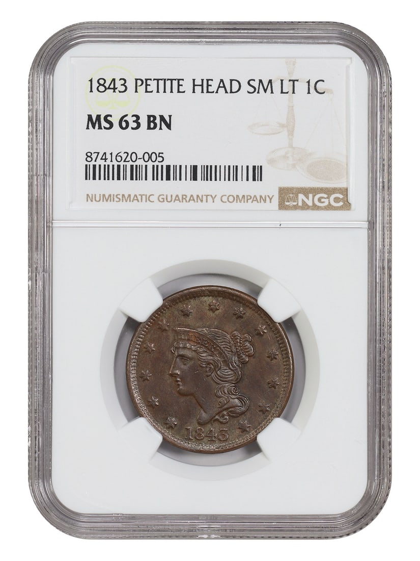 Braided Hair Cent 1843 1C NGC MS63BN Petite Head Small Letters: Braided Hair Cent 1843 1C NGC MS63BN Petite Head Small Letters An 1843 Braided Hair Cent graded MS63BN by NGC. This Philadelphia-minted 1C coin is identified as Petite Head, Small Letters and is descr