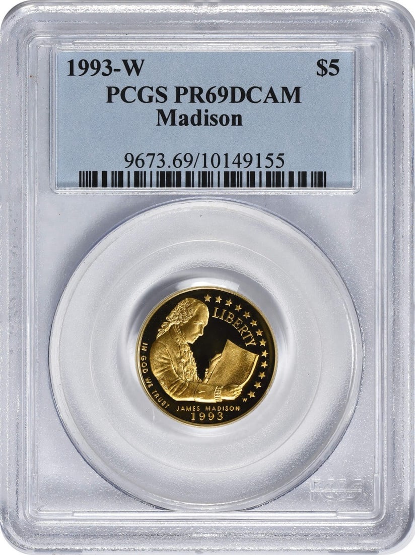 1993-W Madison Bill of Rights $5 Gold Proof PCGS PR69DCAM: 1993-W Madison Bill of Rights $5 Gold Proof PCGS PR69DCAM This is a 1993-W Madison Bill of Rights $5 gold commemorative coin, issued by the United States Mint. The coin is composed of gold, features a