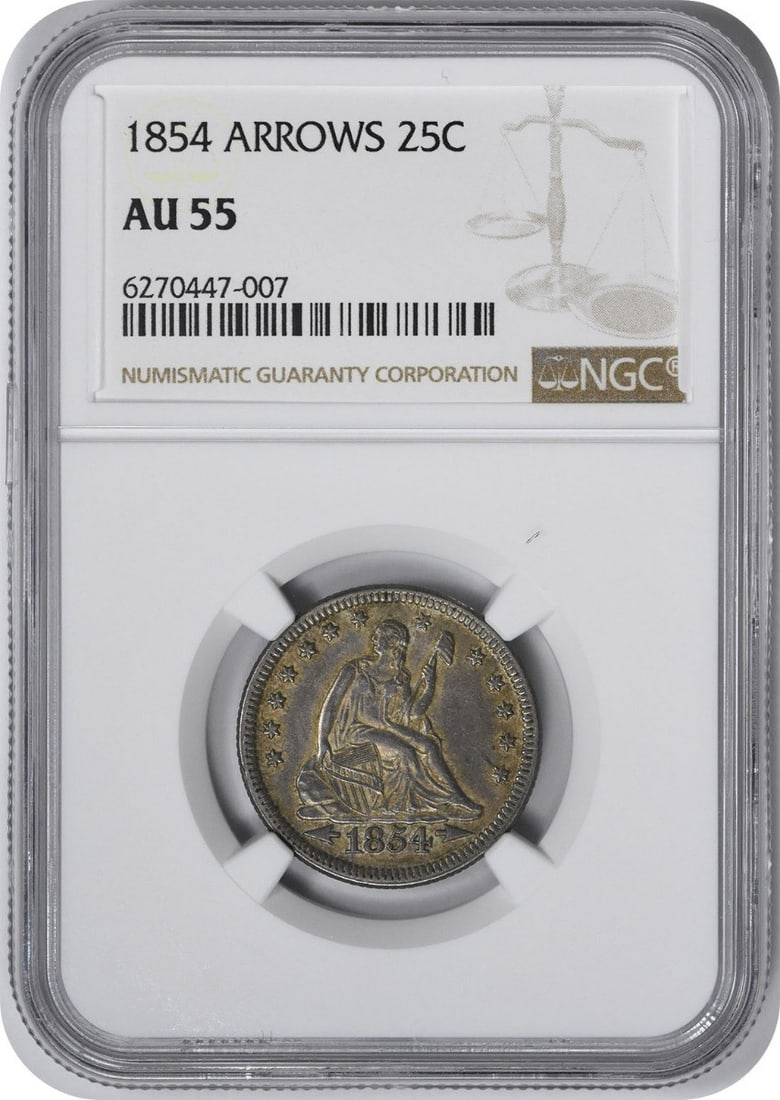 NGC AU55 1854 Seated Liberty 25C Silver Quarter: NGC AU55 1854 Seated Liberty 25C Silver Quarter An 1854 Liberty Seated Silver Quarter graded AU55 by NGC. This circulated U.S. coin features the Seated Liberty design and was struck in Philadelphia. I