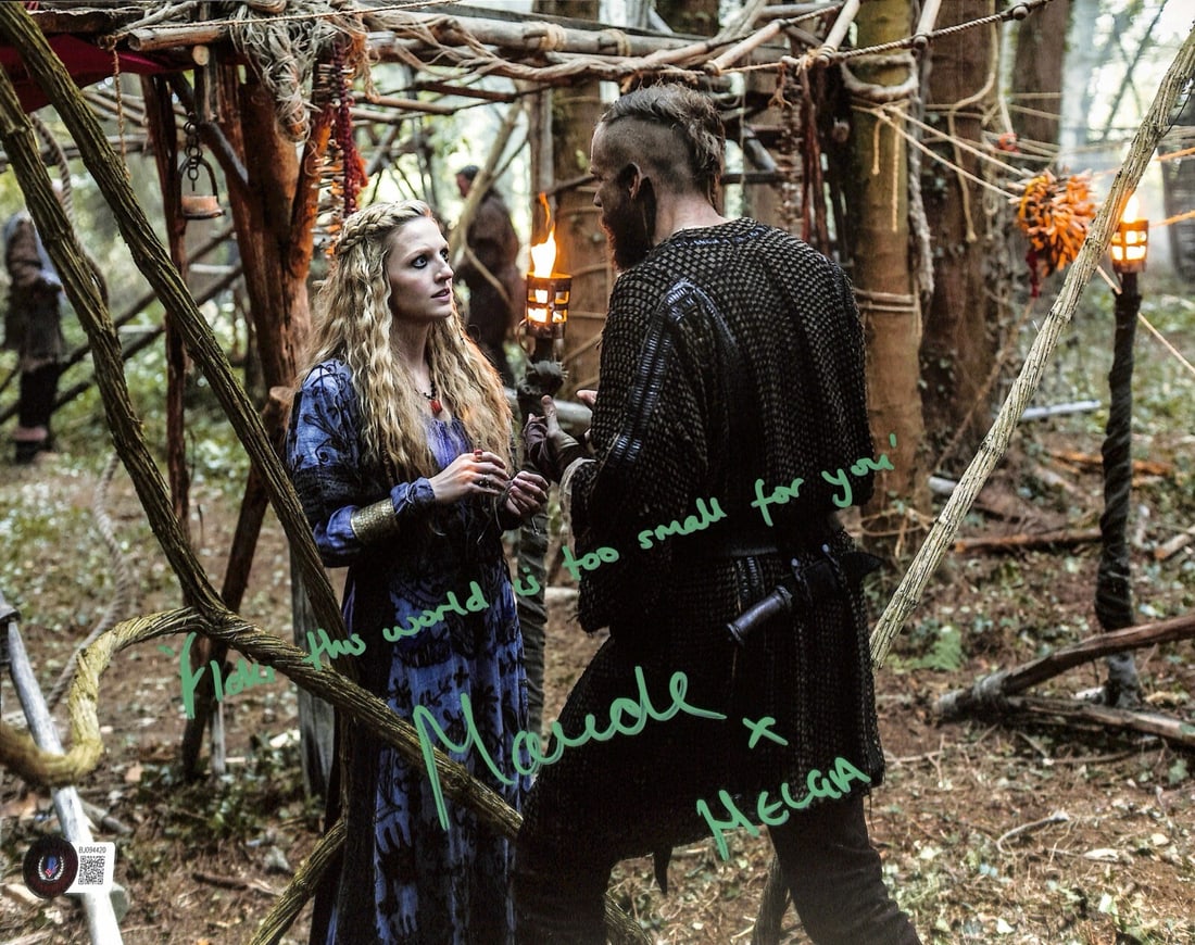Beckett 11x14 Maude Hirst Helga autographed photo Vikings: Beckett 11x14 Maude Hirst Helga autographed photo Vikings This is an original 11x14 photograph autographed by Maude Hirst, known for her role as "Helga" in the TV series Vikings. The photograph is sig