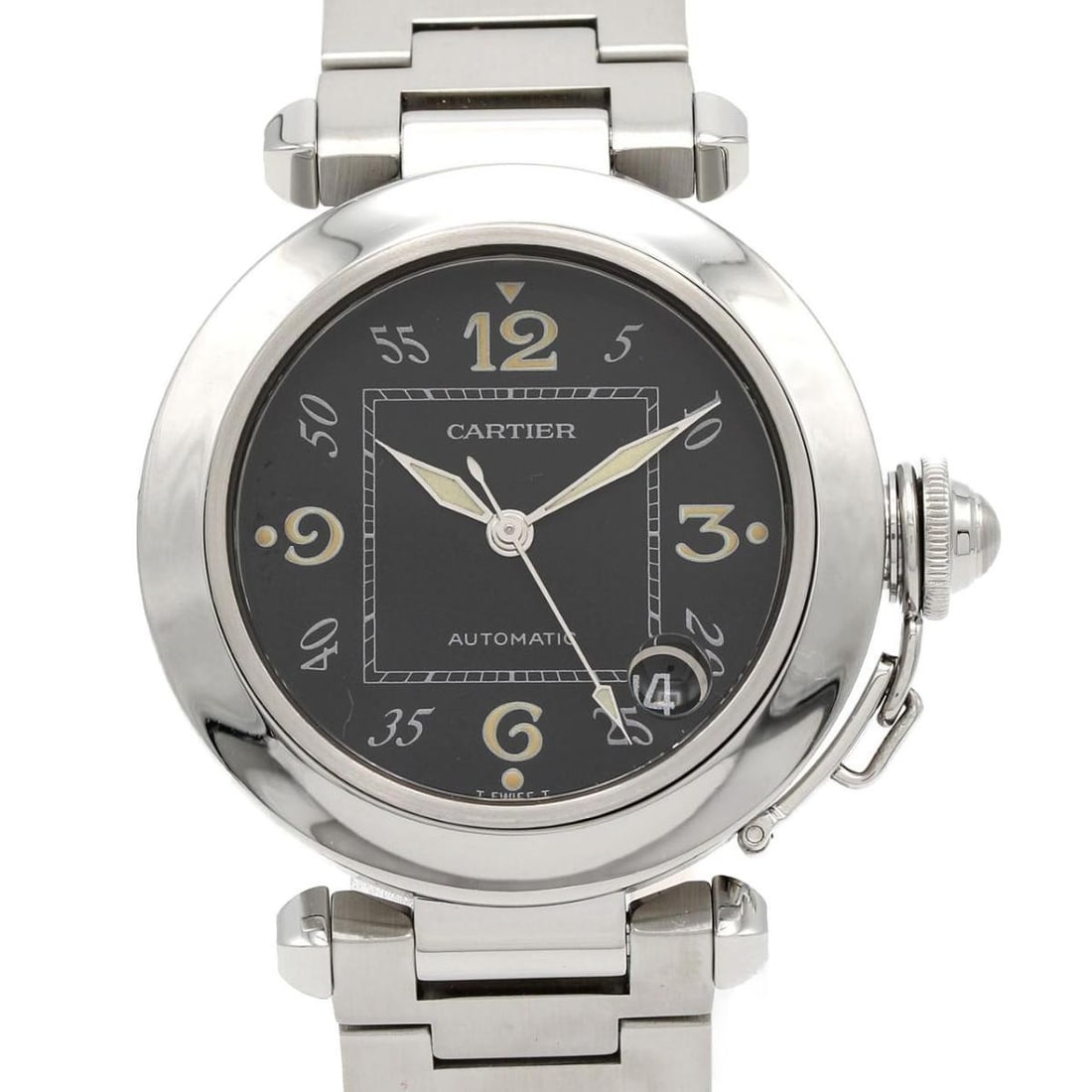 Cartier W31043M7 Pasha C automatic wristwatch black dial steel 35mm: Cartier W31043M7 Pasha C automatic wristwatch black dial steel 35mm Cartier Pasha C automatic wristwatch with a black dial and stainless steel case. This pre-owned unisex watch is made in Switzerland.