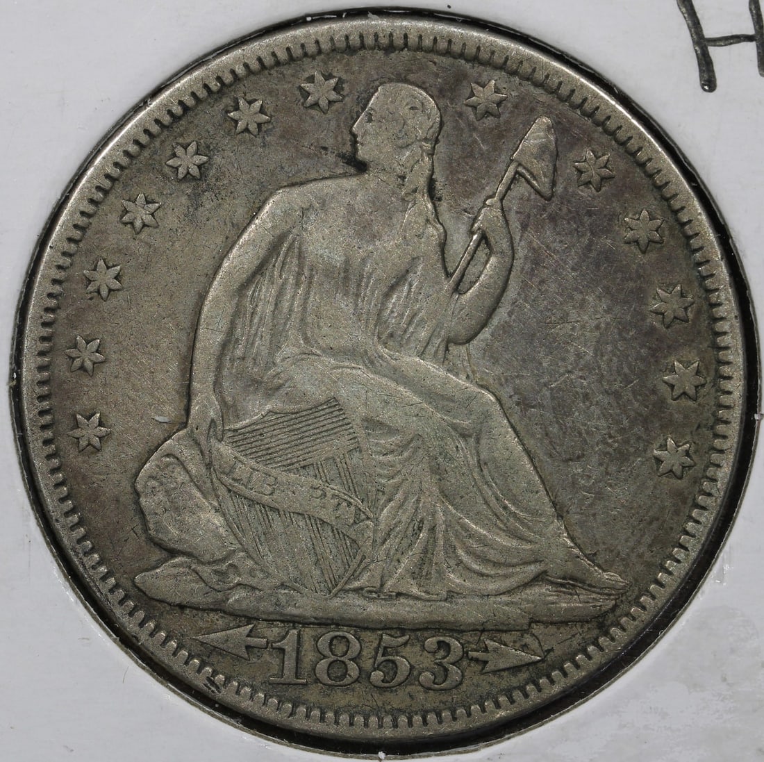1853 United States Seated Liberty 50C Silver Arrows Rays Half Dollar: 1853 United States Seated Liberty 50C Silver Arrows Rays Half Dollar 1853 Seated Liberty Half Dollar 50C with Arrows and Rays, struck in silver. The coin is listed as pre-owned and noted as damaged. I