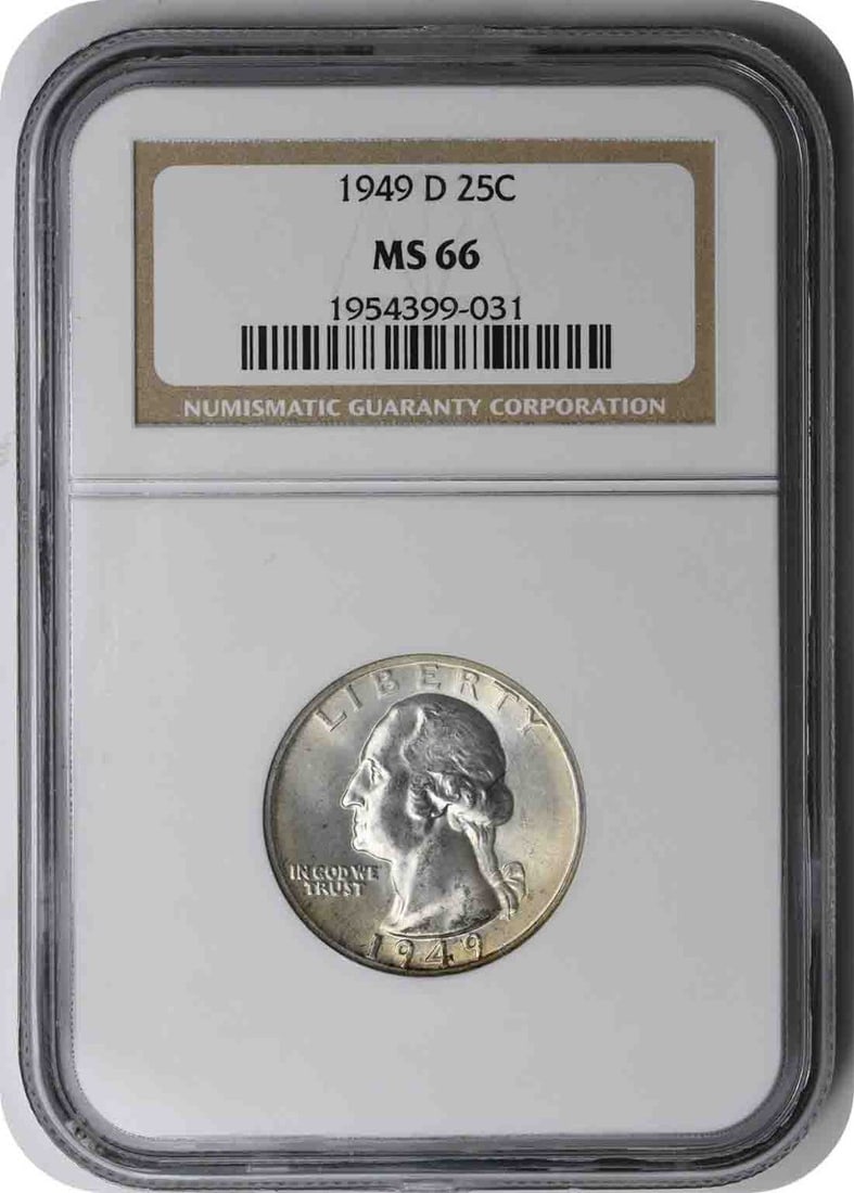 MS66 1949 Denver Mint Washington 90 Percent Silver Quarter NGC Certified: MS66 1949 Denver Mint Washington 90 Percent Silver Quarter NGC Certified This 1949-D Washington Quarter is composed of 90% silver and 10% copper, and was struck at the Denver Mint. Graded MS66 by NGC,
