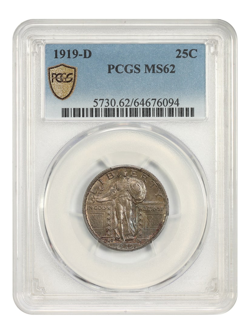 PCGS MS62 1919-D 25C Standing Liberty Quarter Key Date: PCGS MS62 1919-D 25C Standing Liberty Quarter Key Date 1919-D Standing Liberty Quarter graded PCGS MS62. This uncirculated 25C coin from the Denver mint is described as lustrous and boldly defined ben