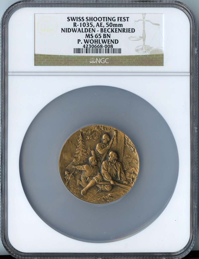 NGC MS65 BN Swiss Shooting Fest medal 50mm Nidwalden-Beckenreid: NGC MS65 BN Swiss Shooting Fest medal 50mm Nidwalden-Beckenreid This Swiss Shooting Fest medal from Nidwalden-Beckenreid is an uncirculated piece graded MS 65 BN by NGC. Crafted in AE (bronze) with a 