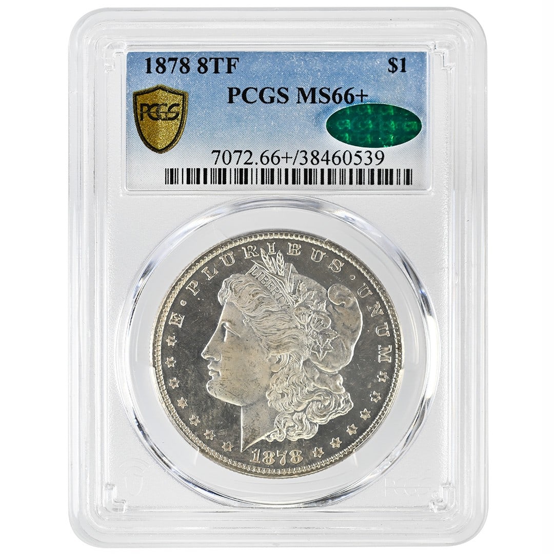 1878 Morgan Dollar 8TF PCGS MS66+ CAC Silver $1: 1878 Morgan Dollar 8TF PCGS MS66+ CAC Silver $1 This 1878 8 Tail Feathers Morgan Dollar is an uncirculated silver coin graded MS66+ by PCGS and verified by CAC. Struck in Philadelphia, it features a b