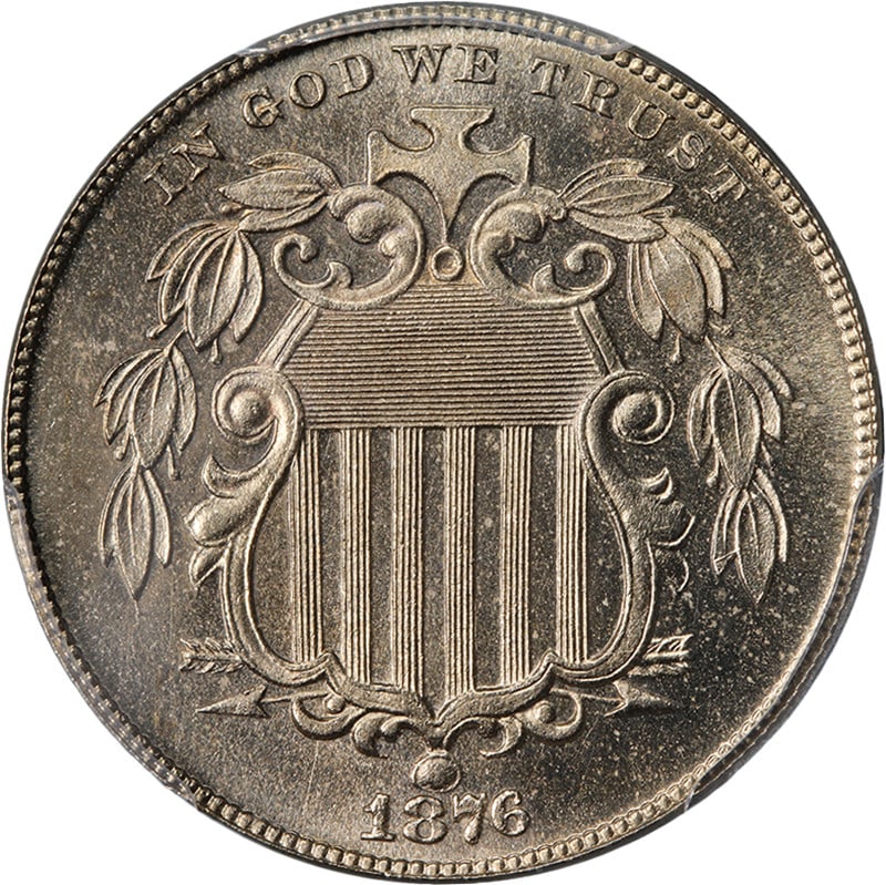 1876 United States Shield Nickel PCGS PR64 CAC Certified: 1876 United States Shield Nickel PCGS PR64 CAC Certified 1876 Shield Nickel certified by PCGS and graded PR64 with CAC Sticker. This uncirculated nickel has superb eye appeal, fantastic luster, a stro