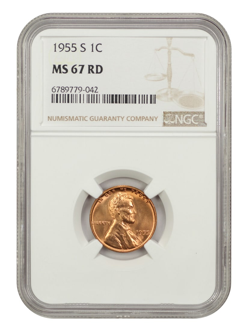 1955-S Lincoln Cent NGC MS67RD Wheat Reverse Coin: 1955-S Lincoln Cent NGC MS67RD Wheat Reverse Coin This 1955-S Lincoln Cent (Wheat Reverse) is graded NGC MS67RD, indicating it is in uncirculated condition with a high level of detail and brilliance. 