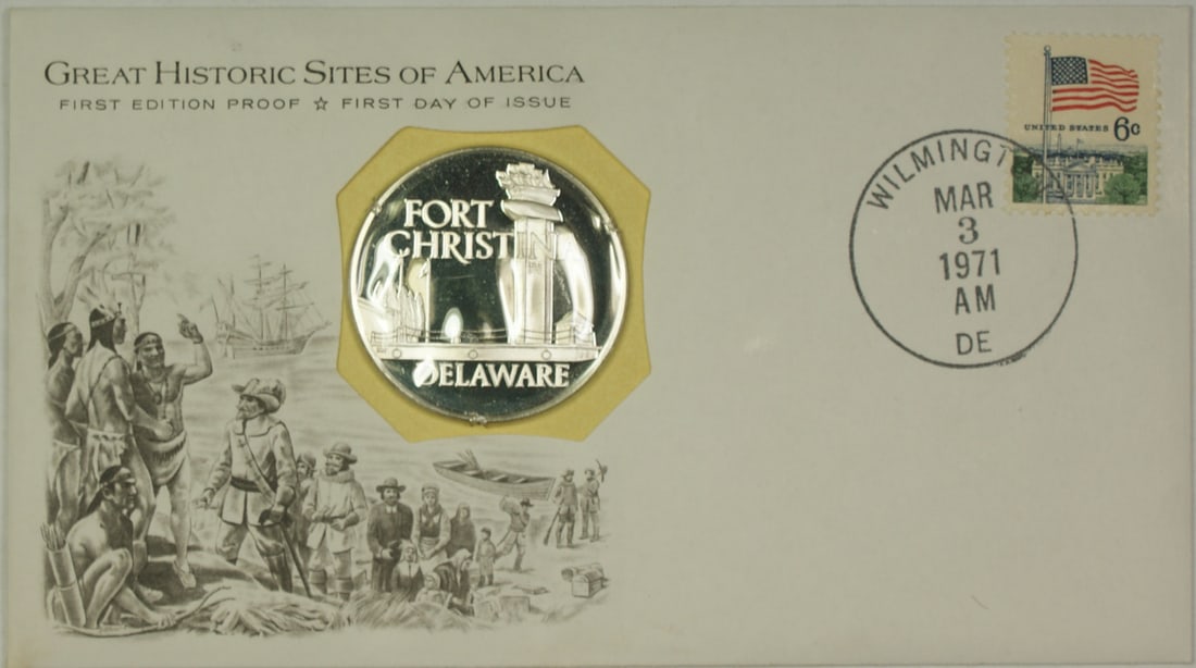 Franklin Mint Fort Christina proof silver medal first day cover: Franklin Mint Fort Christina proof silver medal first day cover This is a 1971 Fort Christina Wilmington Delaware Great Historic Sites Medal, struck in proof quality from sterling silver (0.925 finene