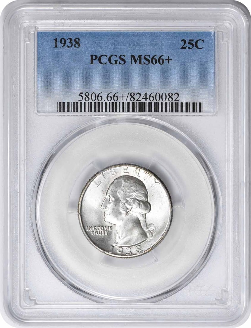 1938 Washington Silver Quarter MS66+ PCGS 90% Silver Coin: 1938 Washington Silver Quarter MS66+ PCGS 90% Silver Coin This 1938 Washington Silver Quarter is certified by PCGS with a remarkable grade of MS66+, indicating its uncirculated condition. Minted in Ph