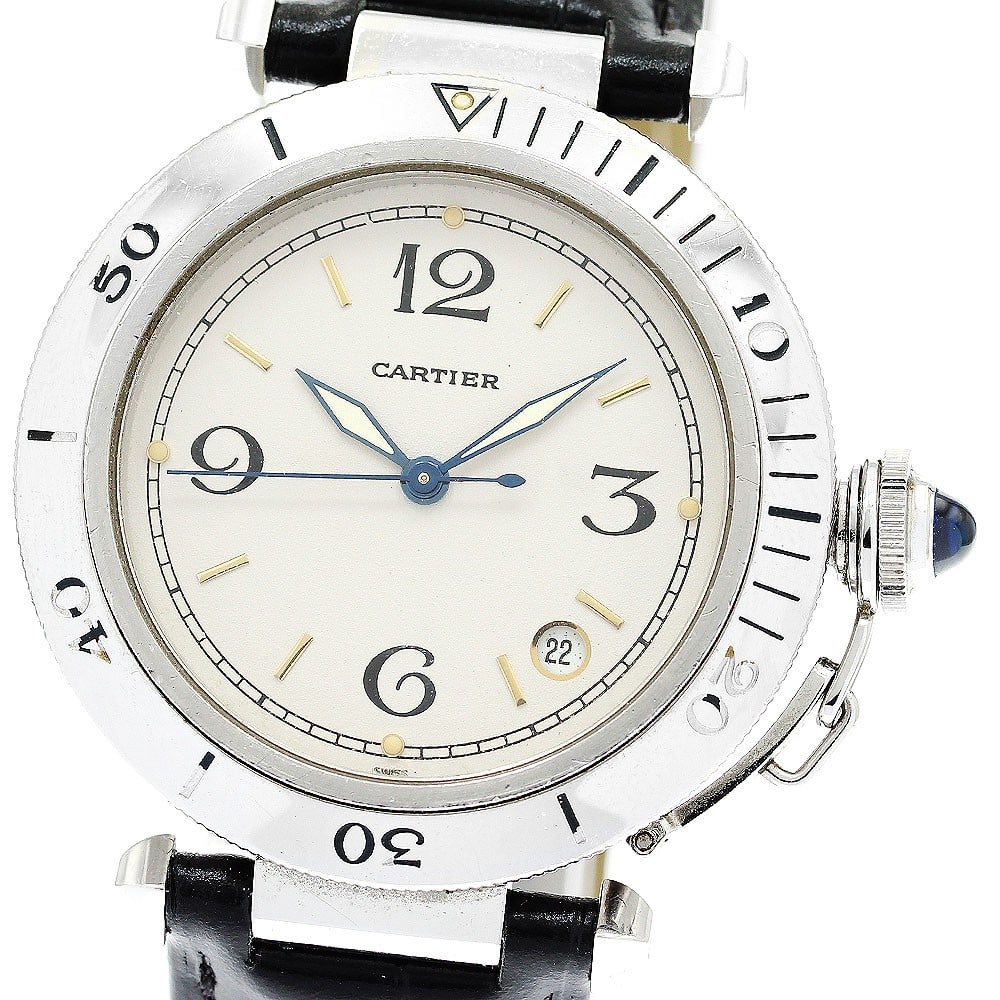 Cartier Pasha 38mm Automatic Date Men Wristwatch SS Leather Beige: Cartier Pasha 38mm Automatic Date Men Wristwatch SS Leather Beige This is a pre-owned Cartier Pasha 38mm Automatic Date wristwatch for men. It features a stainless steel case, a beige dial, and a leat