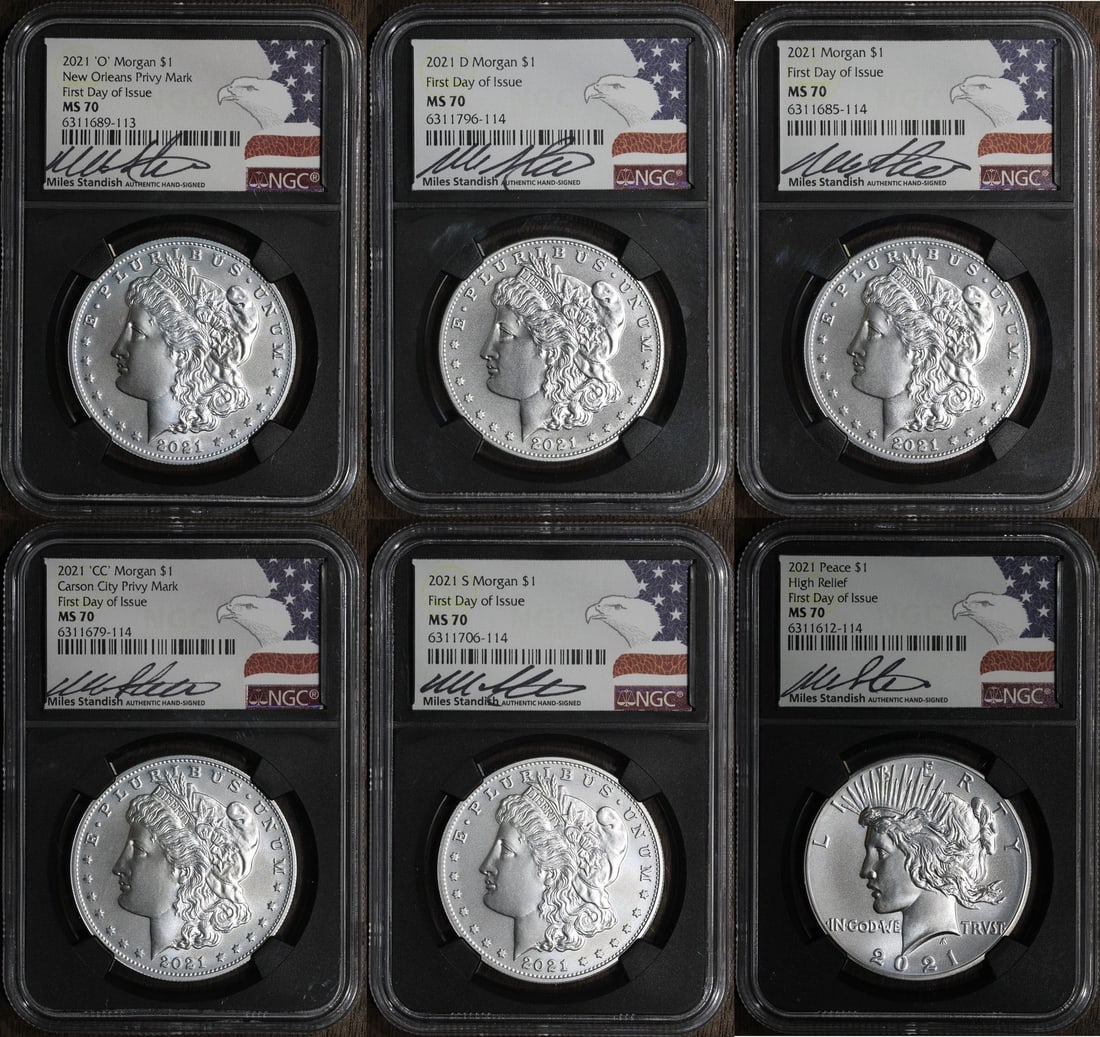 2021 NGC MS70 Morgan Peace Dollar 6 Coin Set First Day of Issue: 2021 NGC MS70 Morgan Peace Dollar 6 Coin Set First Day of Issue This exquisite 2021 Morgan and Peace Dollar Six Coin Set features a remarkable composition of silver, with a fineness of 0.999. Each coi