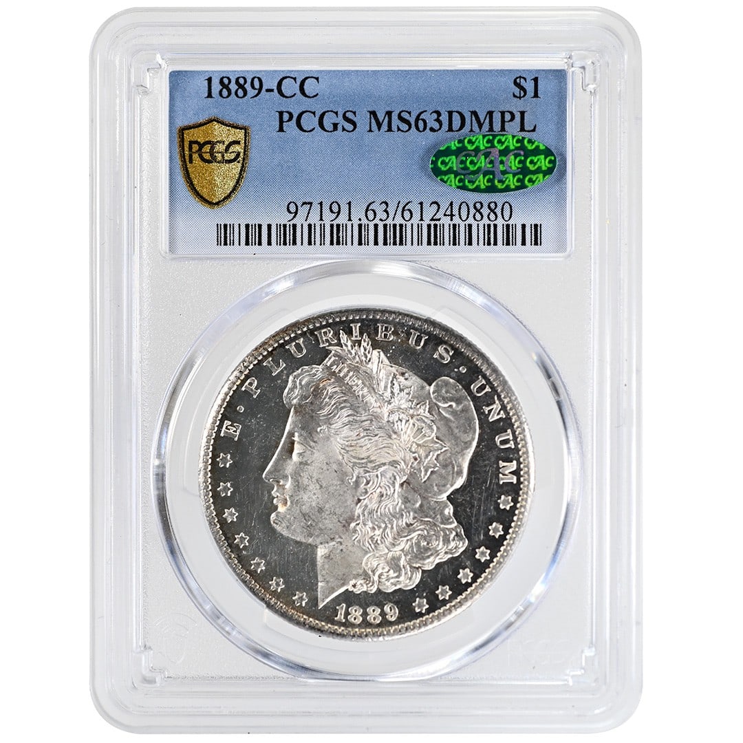PCGS CAC MS63DMPL 1889-CC Morgan Silver Dollar Carson City: PCGS CAC MS63DMPL 1889-CC Morgan Silver Dollar Carson City This 1889-CC Morgan Silver Dollar is an uncirculated coin struck at the Carson City Mint. Certified by PCGS and CAC with a grade of MS63DMPL,