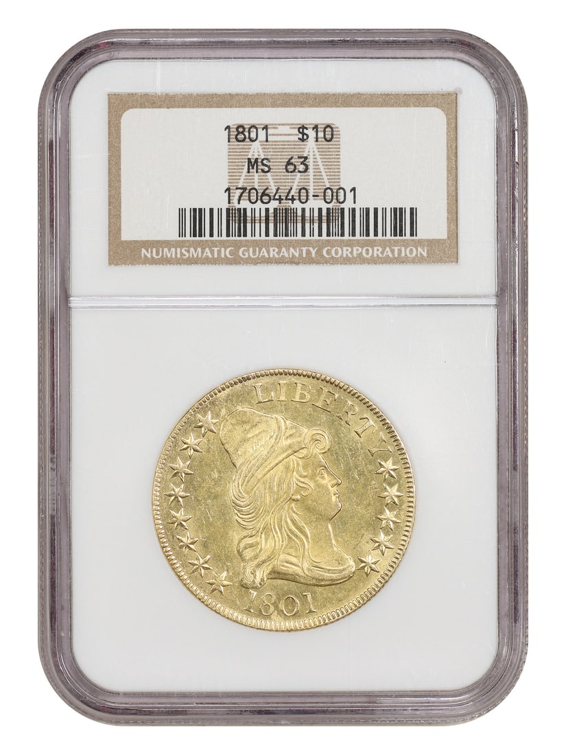 NGC MS63 1801 Draped Bust Gold Eagle $10: NGC MS63 1801 Draped Bust Gold Eagle $10 1801 $10 Draped Bust gold eagle certified by NGC in MS63 grade. Minted in Philadelphia, this uncirculated pre-owned coin is identified by certification number 