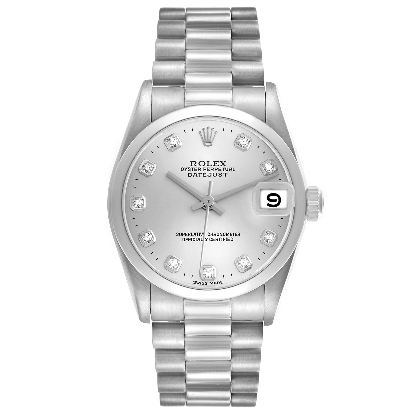 Ladies Rolex Datejust 68246 President Bracelet Papers 1991: Ladies Rolex Datejust 68246 President Bracelet Papers 1991 This Rolex Datejust is a ladies' watch featuring a silver diamond dial and a smooth bezel. The timepiece is equipped with the iconic Presiden