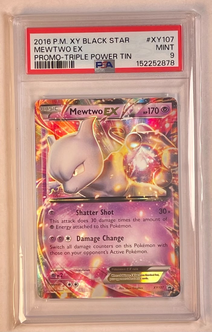 2016 Pokemon XY107 Mewtwo EX Promo Card PSA 9 Holo: 2016 Pokemon XY107 Mewtwo EX Promo Card PSA 9 Holo This is a 2016 Pokemon XY Black Star Promo Mewtwo EX card from the Triple Power Tin release. It is an English-language Pokemon TCG card with a holo f