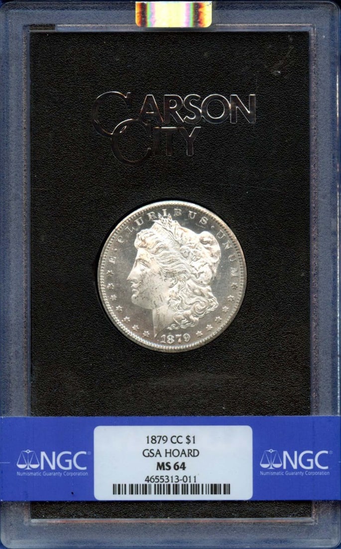 NGC MS64 Carson City 1879 Morgan Silver Dollar from GSA Hoard: NGC MS64 Carson City 1879 Morgan Silver Dollar from GSA Hoard This is an 1879-CC Morgan Dollar from the GSA Hoard, certified by NGC with a grade of MS64. Struck at the Carson City Mint, this uncircula