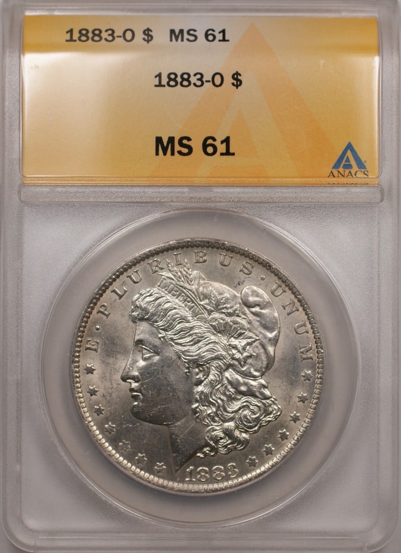 ANACS MS 61 1883-O Silver Morgan Dollar Uncirculated New Orleans Mint: ANACS MS 61 1883-O Silver Morgan Dollar Uncirculated New Orleans Mint This is an 1883-O Morgan Silver Dollar graded MS 61 by ANACS. The coin was minted in New Orleans and is composed of silver. It is 