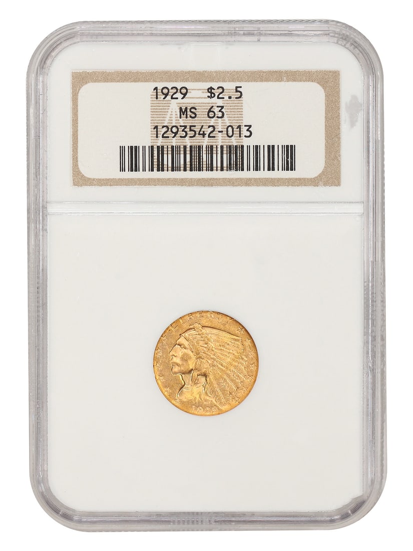 1929 Indian $2.50 Gold Coin NGC MS63 Final Issue Year: 1929 Indian $2.50 Gold Coin NGC MS63 Final Issue Year 1929 $2.50 Indian Head gold coin certified by NGC as MS63. This Philadelphia issue is the final year of issue and features the design by famed Min