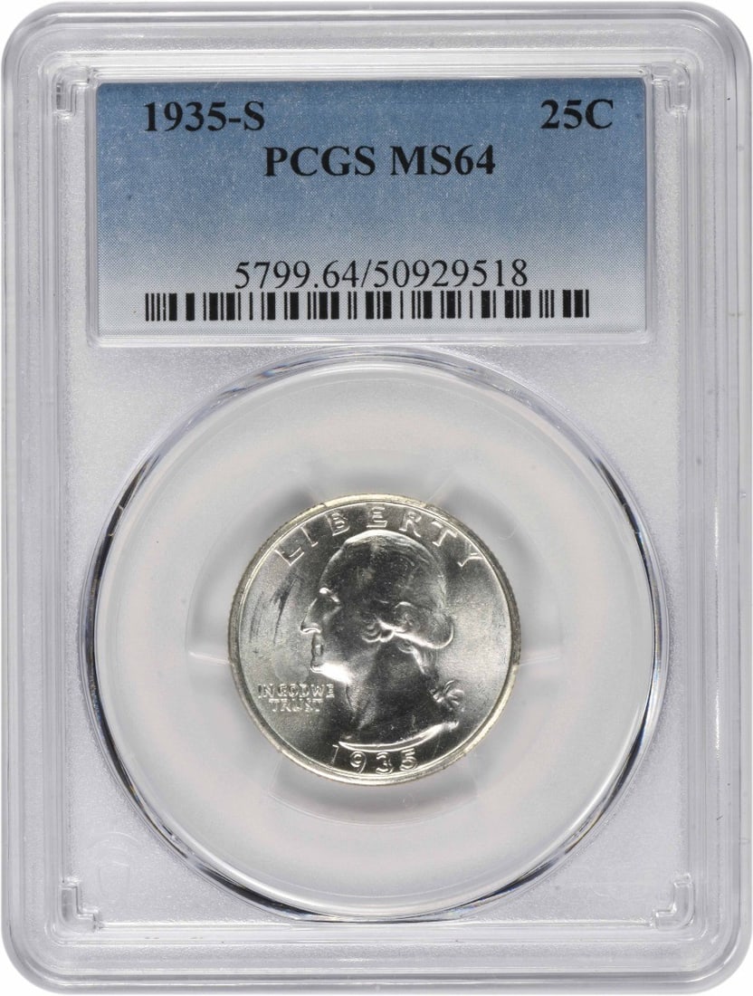 1935-S Washington Quarter MS64 PCGS Uncirculated Silver Coin: 1935-S Washington Quarter MS64 PCGS Uncirculated Silver Coin This 1935-S Washington Quarter is graded MS64 by PCGS, indicating it is in uncirculated condition. Struck in San Francisco, this coin featu