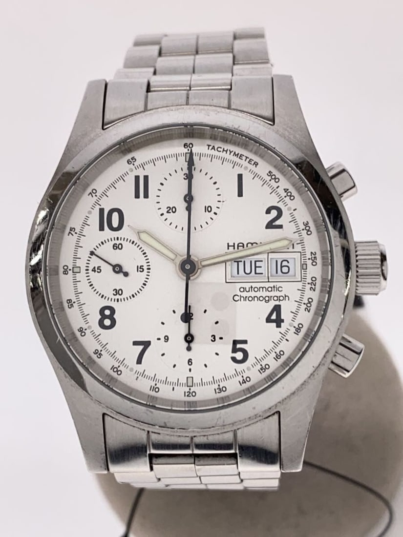 Hamilton Khaki Field Men's Stainless Steel Wristwatch: Hamilton Khaki Field Men's Stainless Steel Wristwatch This HAMILTON Khaki Field H605714101 men's wristwatch features a stainless steel case and a white dial. It is pre-owned and shows slight signs of 