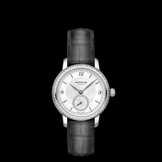 Star Legacy Ladies Watch Silver Diamond Dial Grey Leather Ref 118534 with Card: Star Legacy Ladies Watch Silver Diamond Dial Grey Leather Ref 118534 with Card This Montblanc Star Legacy watch features a silver dial adorned with factory-set diamonds and is paired with a smooth bez