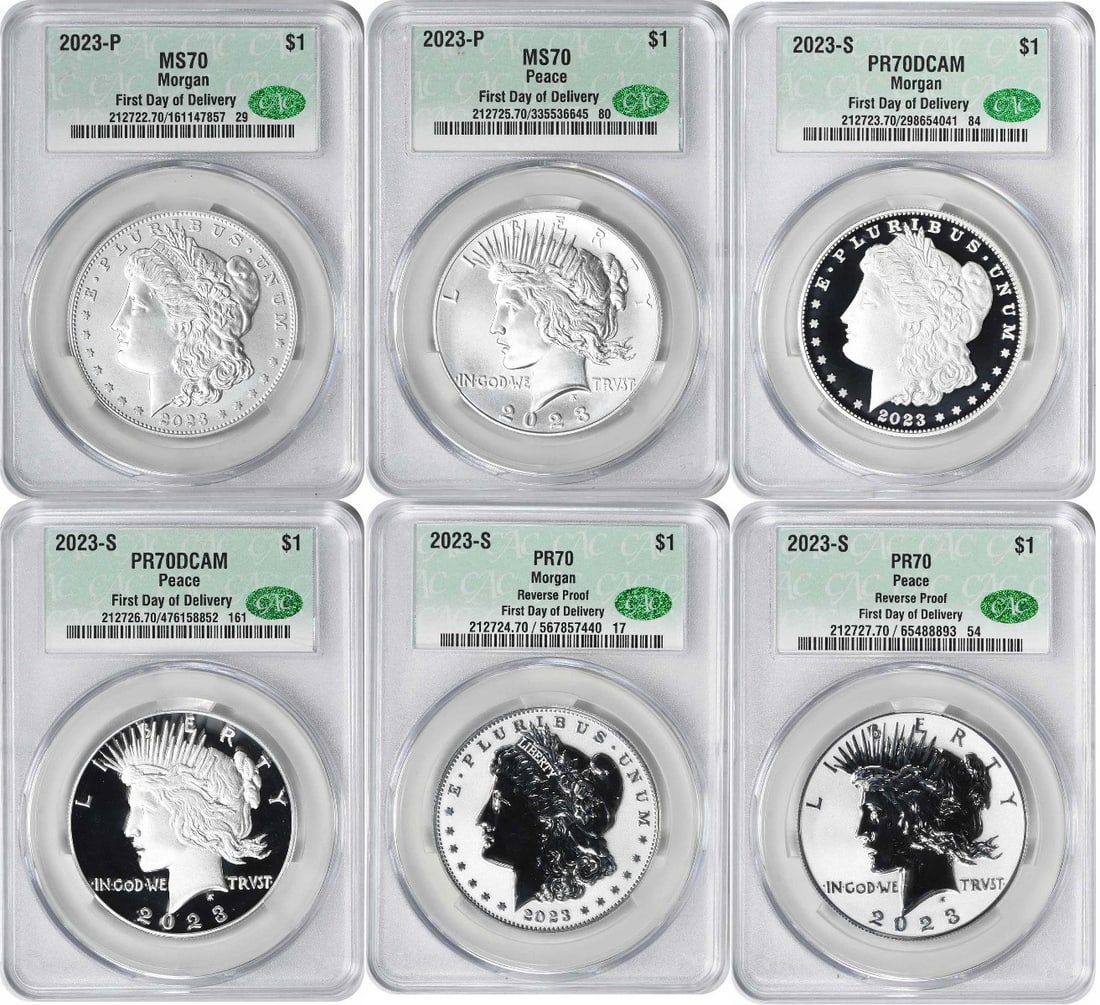 CACG 6 Coin 2023 Silver Morgan Peace Dollar Set: CACG 6 Coin 2023 Silver Morgan Peace Dollar Set This 2023 Morgan and Peace Silver Dollar set includes six coins, each graded by CACG. The set features both Morgan and Peace dollar designs, all struck 