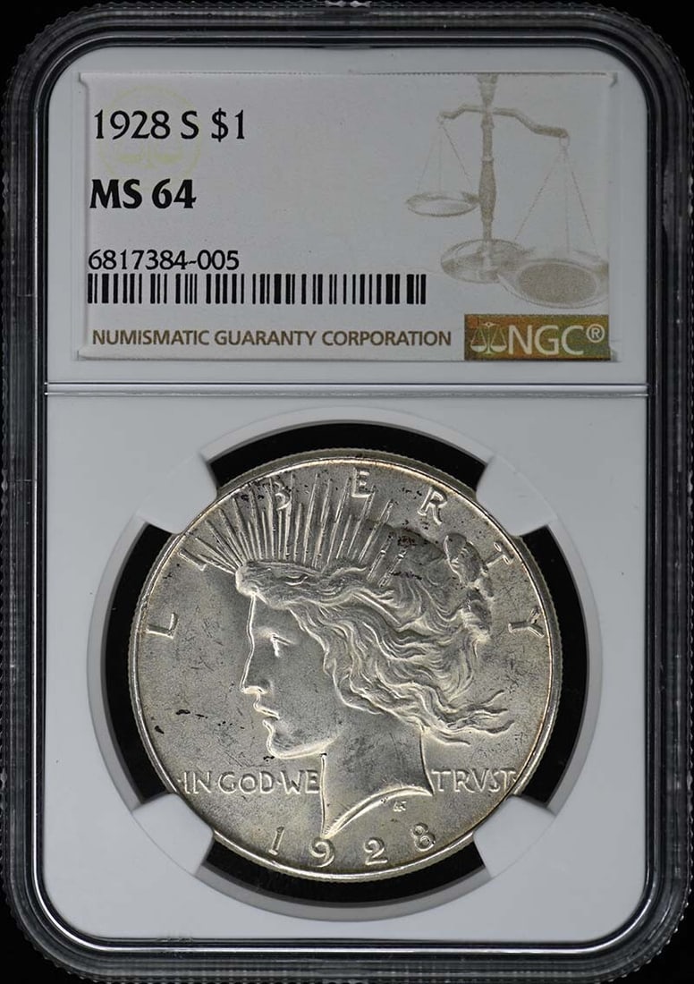1928-S Peace Dollar NGC MS64 Uncirculated Coin: 1928-S Peace Dollar NGC MS64 Uncirculated Coin This 1928-S Peace Dollar is certified by NGC with a grade of MS64, indicating an uncirculated condition. Minted in San Francisco, this coin exemplifies t