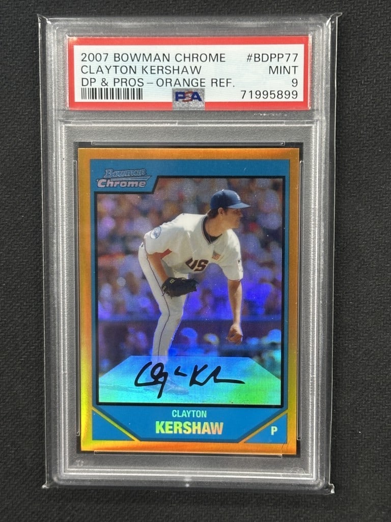 Clayton Kershaw 2007 Bowman Chrome Draft Orange PSA 9 #BDPP77 15/25: Clayton Kershaw 2007 Bowman Chrome Draft Orange PSA 9 #BDPP77 15/25 This is a 2007 Bowman Chrome Draft Orange baseball card featuring Clayton Kershaw, a prominent player for the Los Angeles Dodgers. T