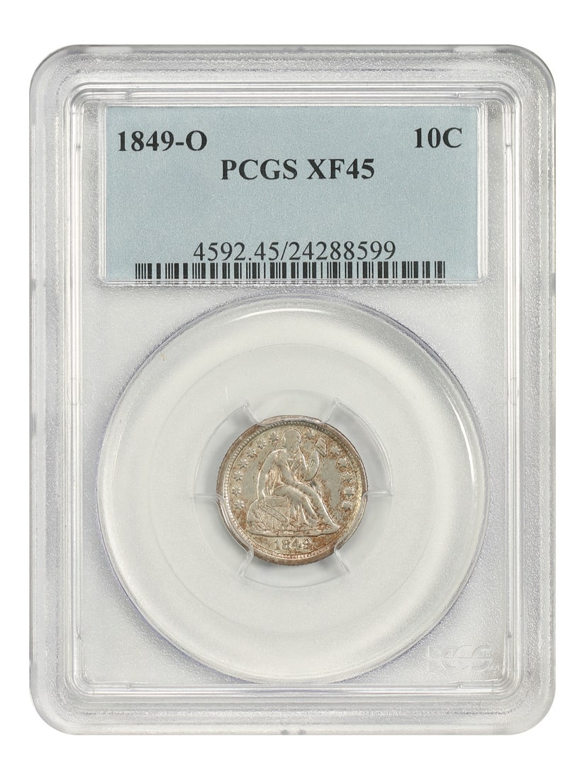 Liberty Seated Dime 1849-O 10C PCGS XF45: Liberty Seated Dime 1849-O 10C PCGS XF45 An 1849-O Liberty Seated Dime, denomination 10C, minted in New Orleans. This circulated coin is certified by PCGS and is graded XF45. Pre-owned condition. Spec