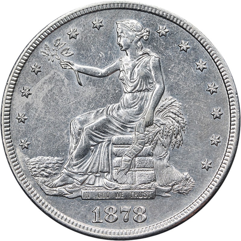 1878-S Silver Trade Dollar Lightly Cleaned Strong Strike AU BU Details: 1878-S Silver Trade Dollar Lightly Cleaned Strong Strike AU BU Details This 1878-S Trade Dollar features attractive luster, strong strike, and appealing surfaces with nice color. The coin is composed 