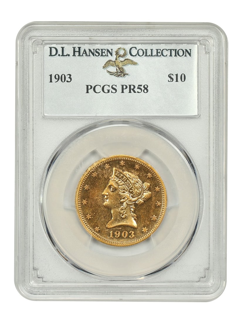 PCGS PR58 1903 Liberty Head $10 Gold Coin ex D.L. Hansen: PCGS PR58 1903 Liberty Head $10 Gold Coin ex D.L. Hansen 1903 Liberty Head $10 gold coin certified by PCGS and graded PR58. Struck at the Philadelphia Mint, this circulated proof example is described 