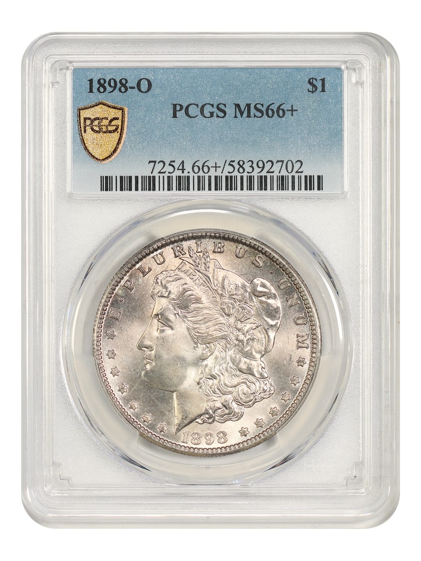 1898-O Morgan Dollar $1 PCGS MS66+ New Orleans Mint: 1898-O Morgan Dollar $1 PCGS MS66+ New Orleans Mint 1898-O Morgan Dollar from the New Orleans Mint, certified by PCGS as MS66+. This uncirculated $1 coin is identified as a popular O-mint issue and is