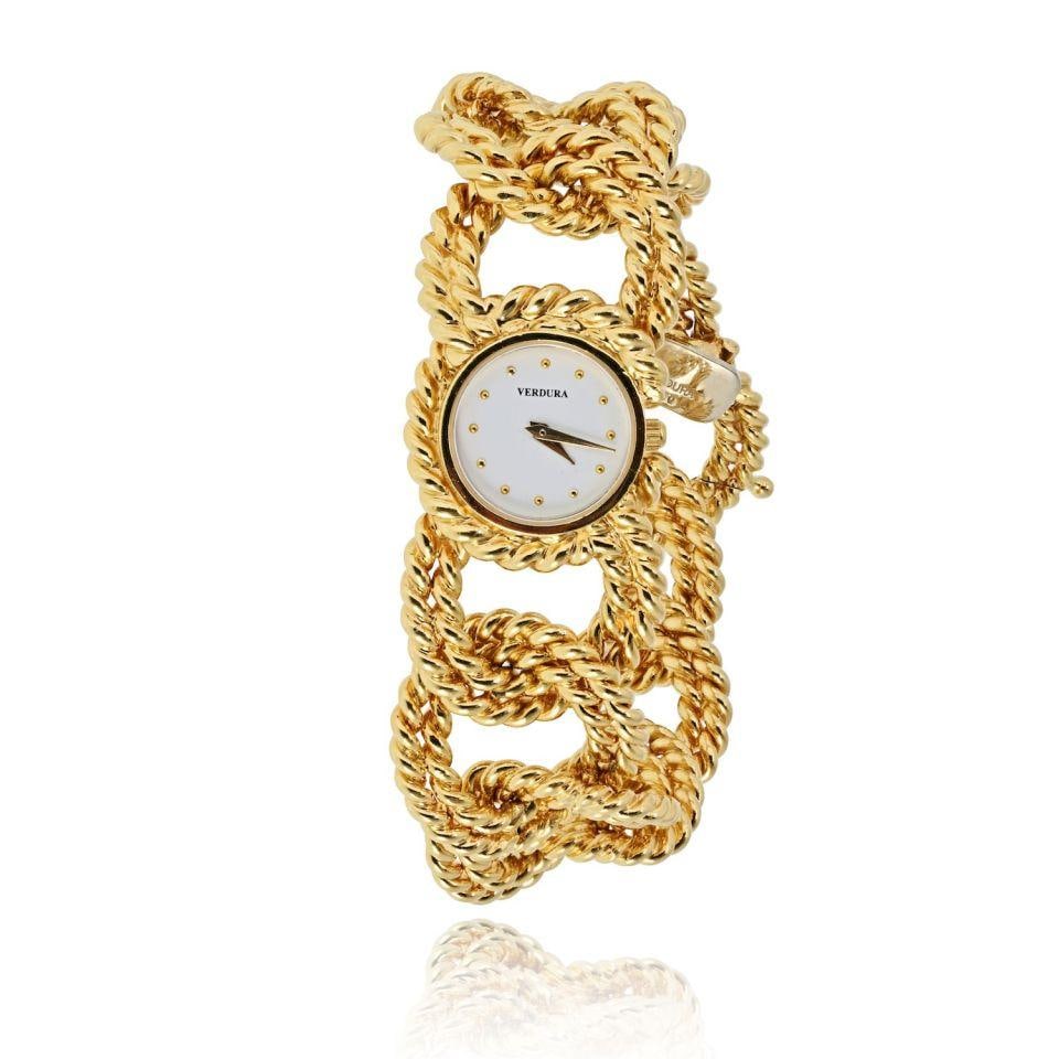 Vintage 18K Gold Verdura Ladies Rope Link Bracelet Watch with Round Dial: Vintage 18K Gold Verdura Ladies Rope Link Bracelet Watch with Round Dial This Verdura ladies watch is crafted in 18K yellow gold and features the maison's signature twisted rope link bracelet, complem